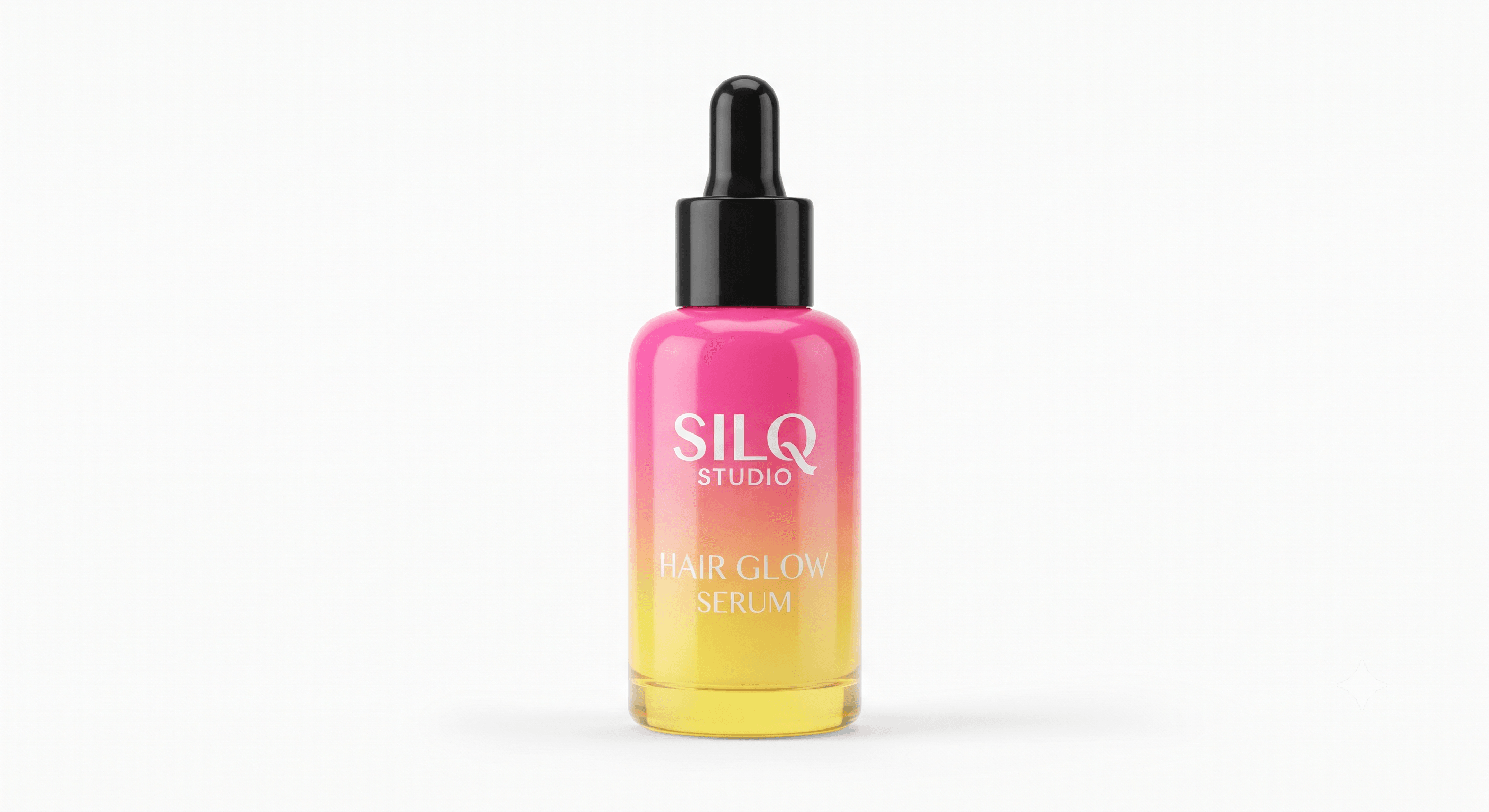 SILQ Studio Hair Glow Serum, 50 ml bottle in magenta-to-gold ombré packaging