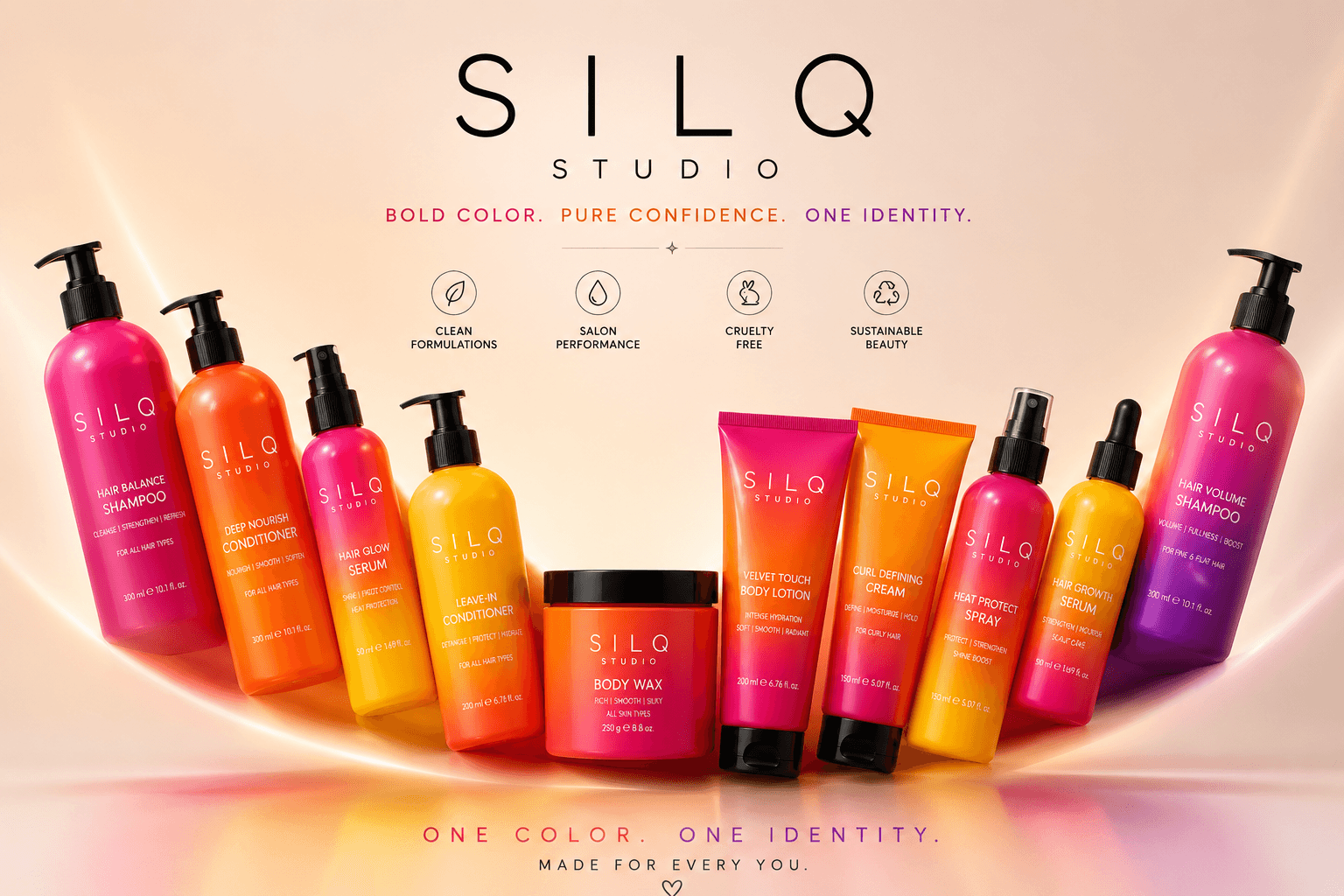 The SILQ Studio hair and body care range — shampoos, conditioners, hair serums, body lotion and body wax in pink, orange and gold ombré packaging